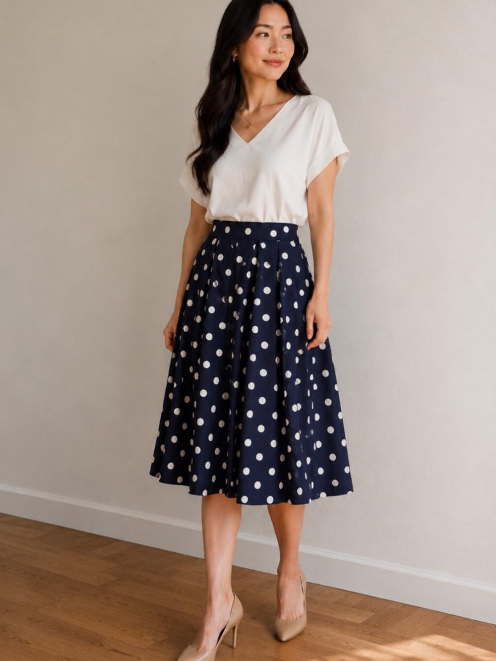 Le Lis Navy Polka Dot Pleated Midi Skirt Size Medium